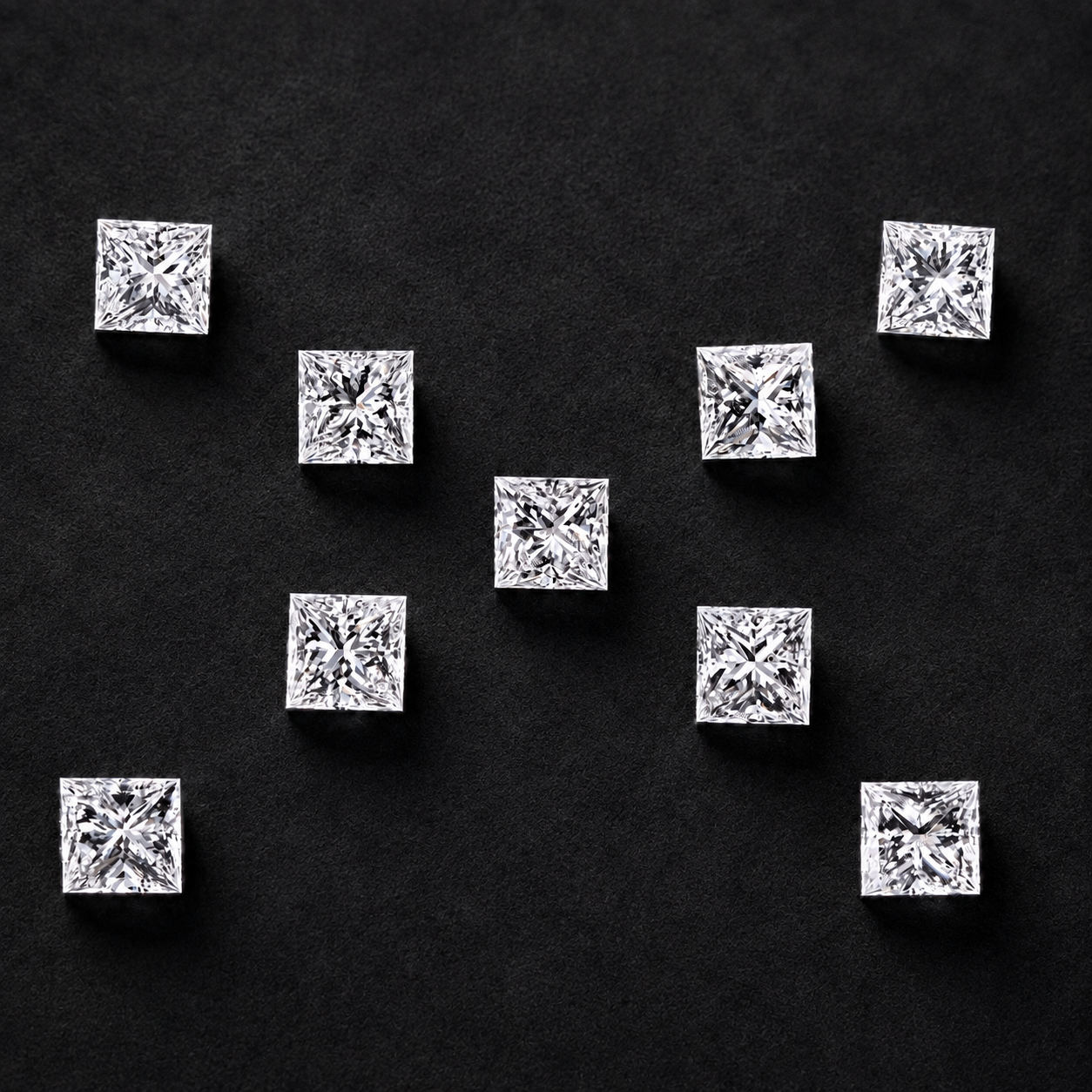Diamants taille princesse calibrés sur velours noir, offre diamantaire du groupe Diamprest