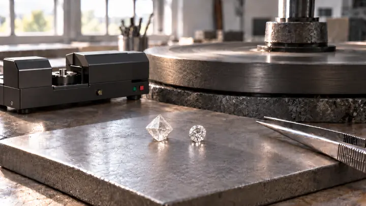 Un diamant brut octaédrique et un diamant rond taillé sur l'établi, devant la meule de polissage – atelier H&H Taillerie Paris